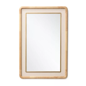 Decorative Wall Mirror, 35" Rubber Wood Frame with PU Leather Accent Brown